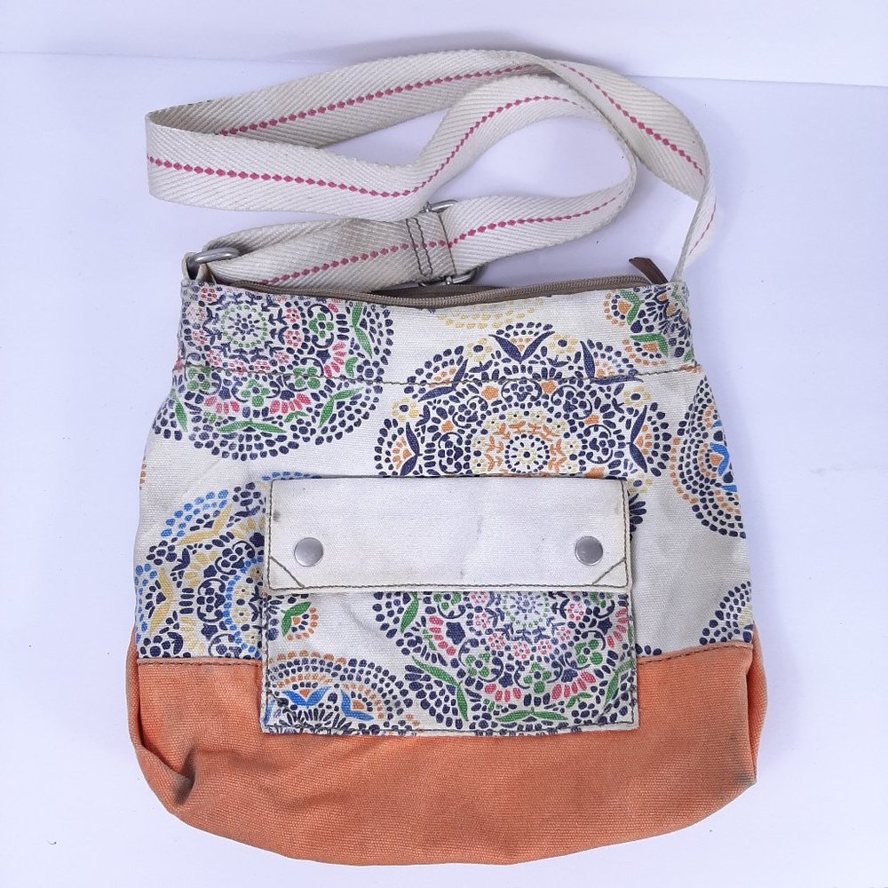 Fossil Beige Canvas Crossbody Handbag Purse Messen